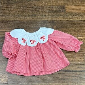 Cecil and Lou Red Gingham Baby Blouse with Christmas Candy Cane Embroidery